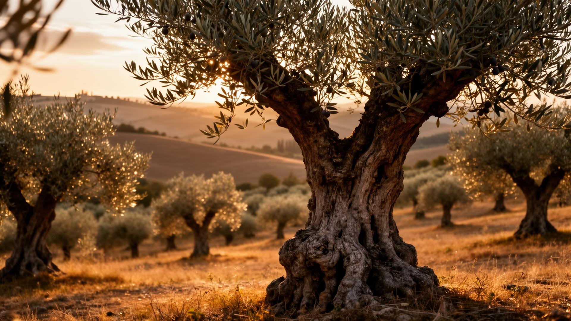 Mediterranean olive grove at golden hour